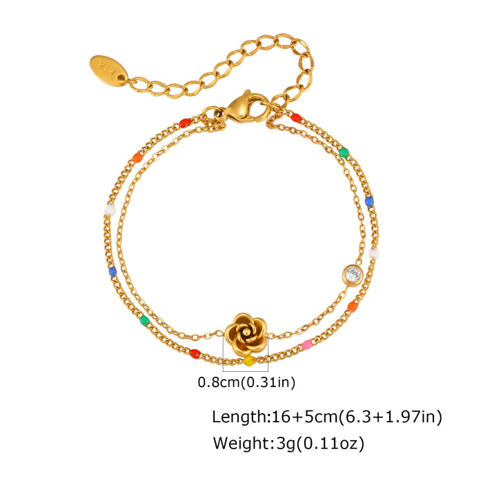 Bulk Double Layer Gold Rose Flower Bracelet with Colorful Enamel Beads & CZ