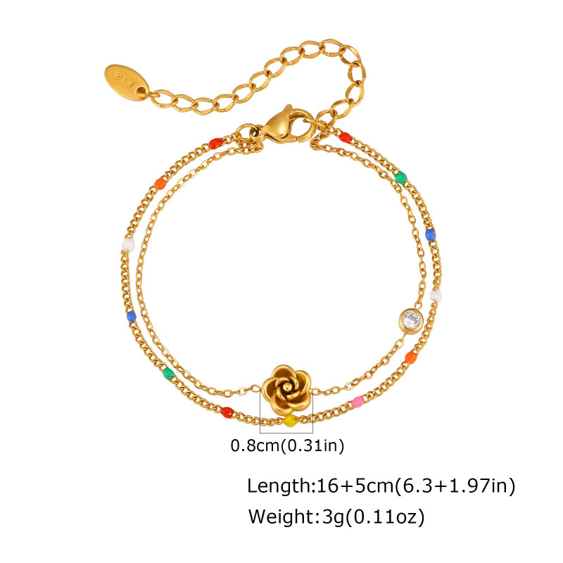 Bulk Double Layer Gold Rose Flower Bracelet with Colorful Enamel Beads & CZ