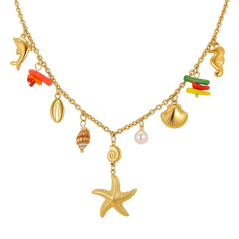 Wholesale Boho Summer Beach Multi-Charm Ocean Life Statement Necklace