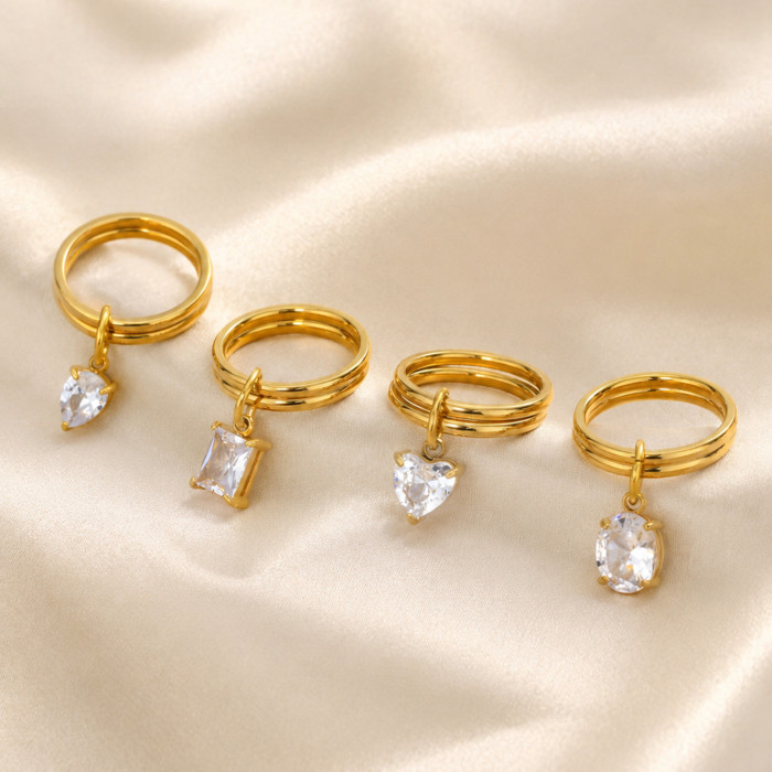 Wholesale Trendy Dangle CZ Charm Double Band Stacking Ring Set