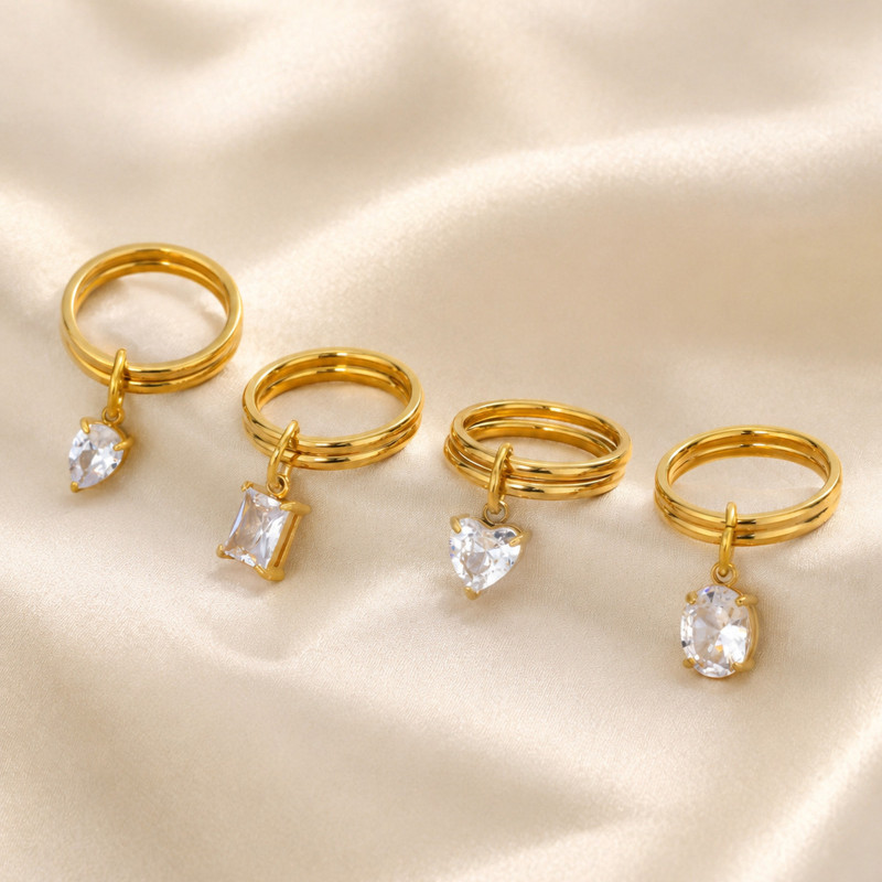 Wholesale Trendy Dangle CZ Charm Double Band Stacking Ring Set