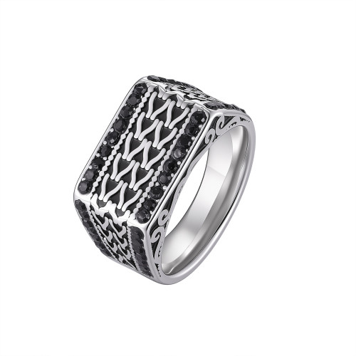 Wholesale Men's Vintage Stainless Steel Black CZ Woven Band Ring