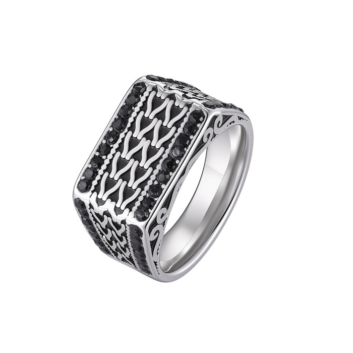 Wholesale Men's Vintage Stainless Steel Black CZ Woven Band Ring