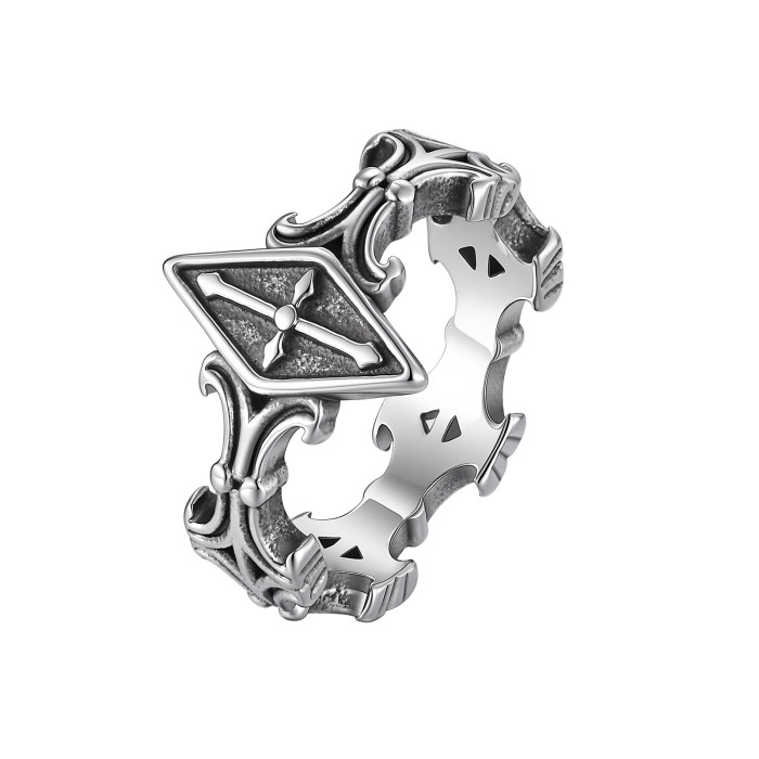 Wholesale Punk Biker Men's Stainless Steel Carved Cross Scrollwork Ring