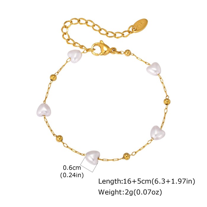 Wholesale Stainless Steel 18K Gold Plated Heart Pearl Bead Chain Necklace Bracelet Set