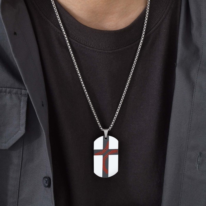 Wholesale Stainless Steel Men's Baseball Cross Dog Tag Necklace