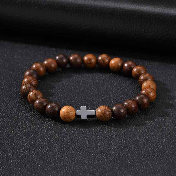 Wholesale Men's Natural Wood Bead Cross Stretch Bracelet
