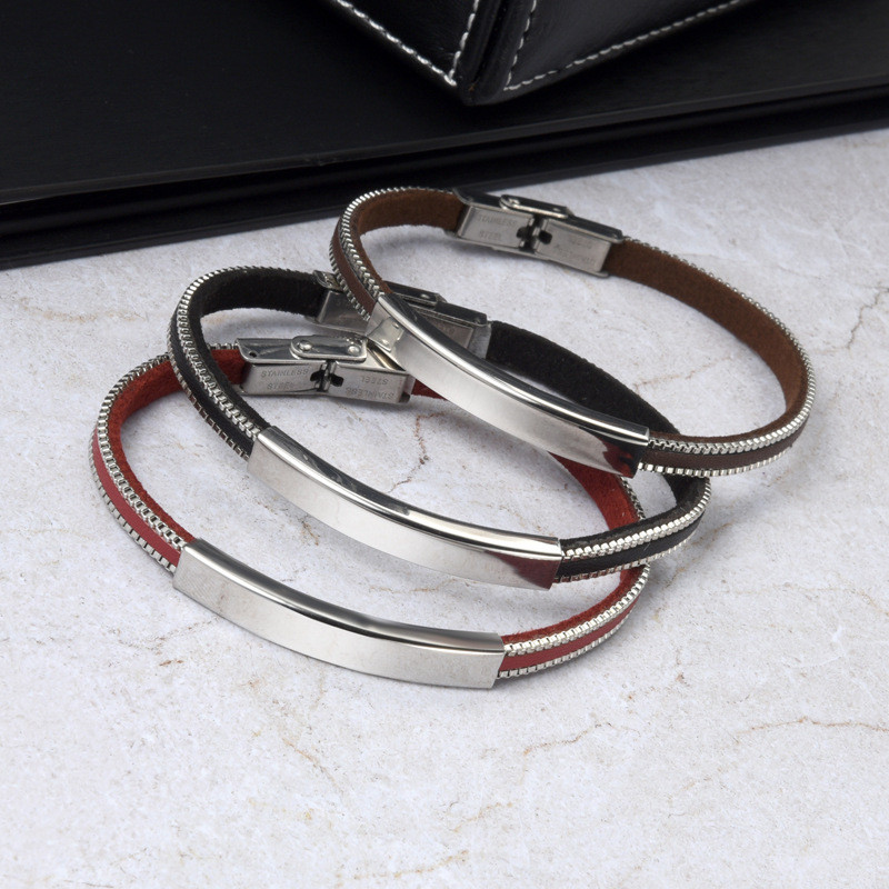 Wholesale Stainless Steel Personalized PU Leather Box Chain Bar Bracelet