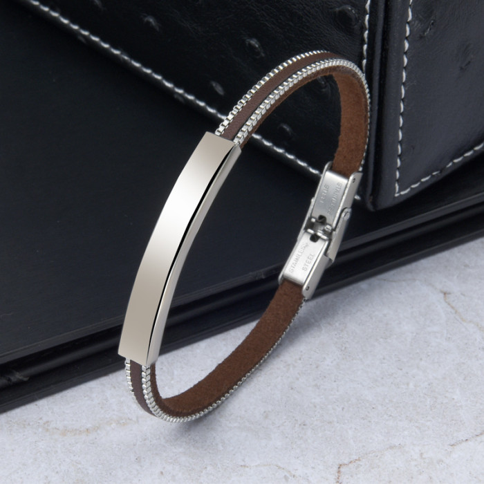 Wholesale Stainless Steel Personalized PU Leather Box Chain Bar Bracelet