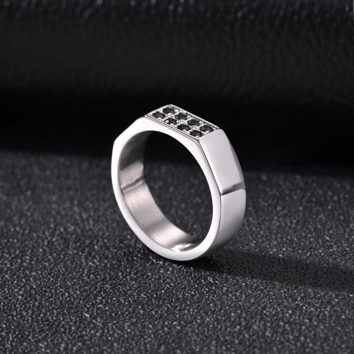 Wholesale Men's Stainless Steel Black CZ Inlaid Rectangle Signet Ring