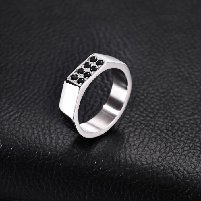 Wholesale Men's Stainless Steel Black CZ Inlaid Rectangle Signet Ring