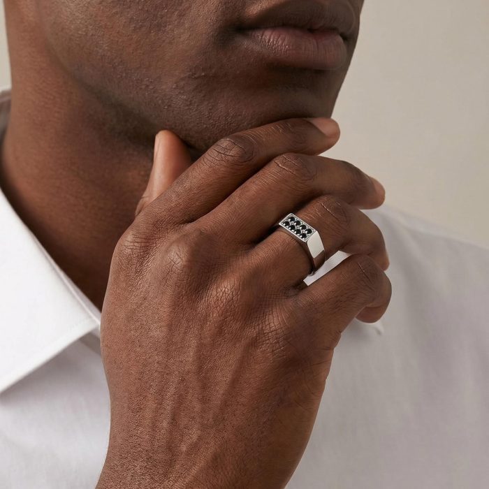 Wholesale Men's Stainless Steel Black CZ Inlaid Rectangle Signet Ring