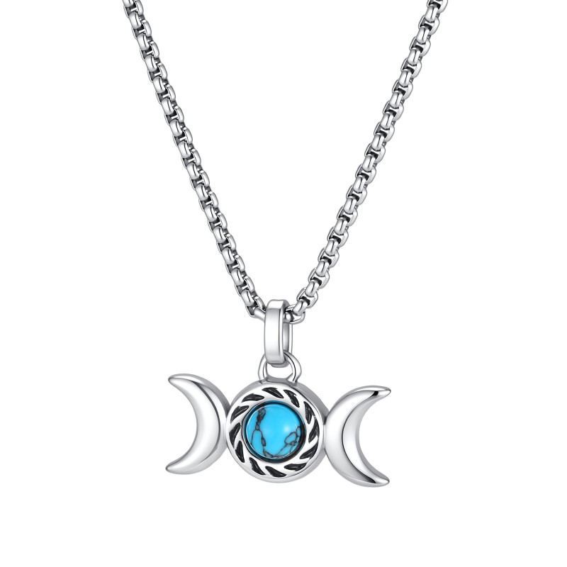 Wholesale Stainless Steel Triple Moon Goddess Turquoise Pendant Necklace