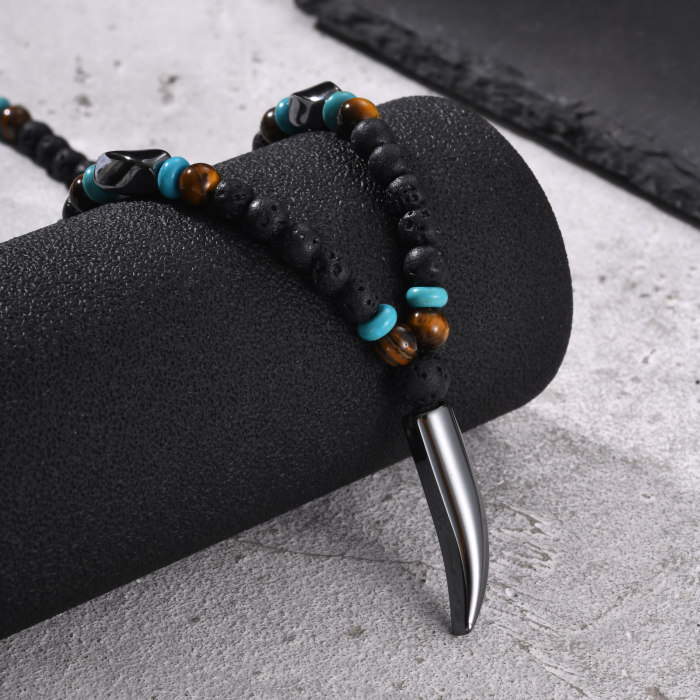 Wholesale Tribal Style Men's Natural Stone Beaded Tusk Pendant Necklace
