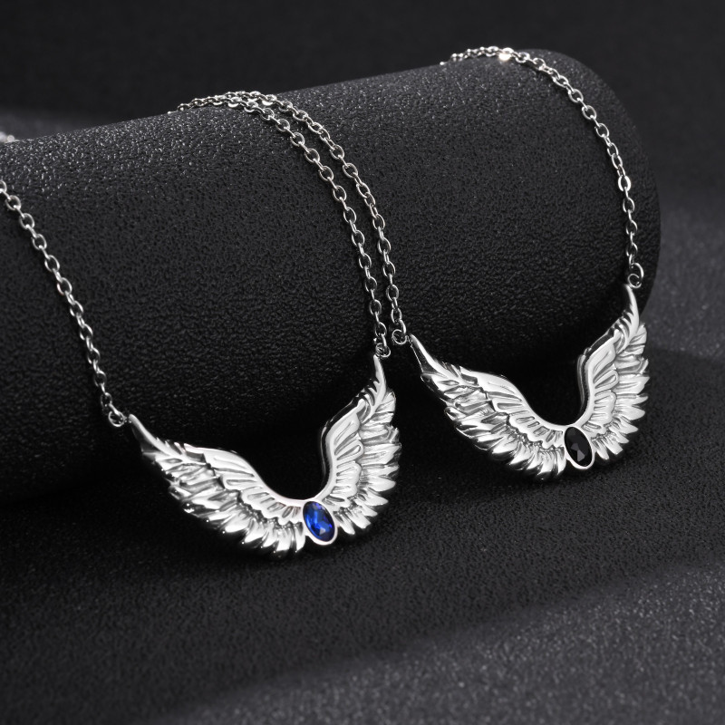 Wholesale Stainless Steel Black Zircon Feather Wing Necklace