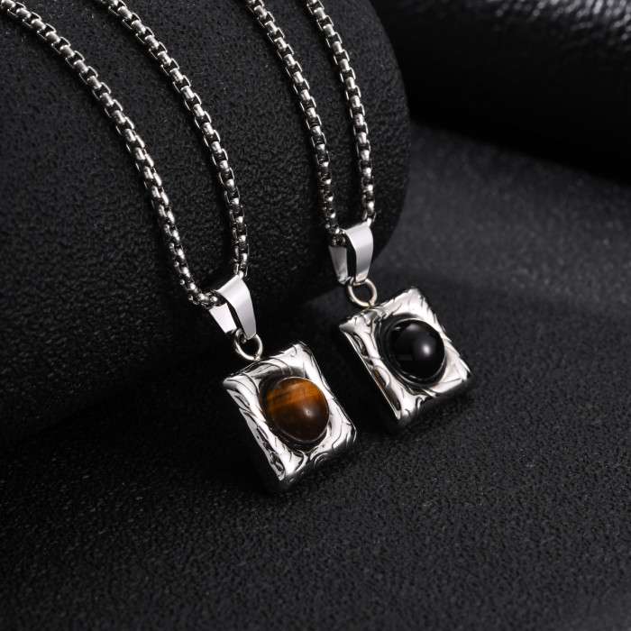 Wholesale Stainless Steel Black Agate Square Pendant