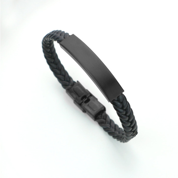 Wholesale Men's Braided Leather Stainless Steel Engravable ID Bracelet