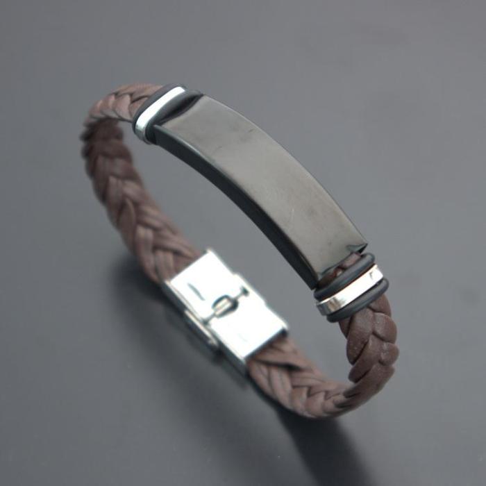 Wholesale Men's Braided Leather Stainless Steel Engravable ID Bracelet