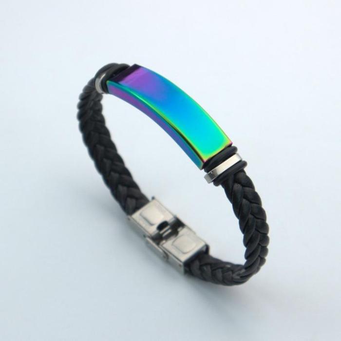 Wholesale Men's Braided Leather Stainless Steel Engravable ID Bracelet