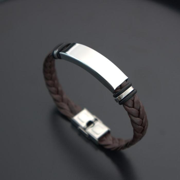 Wholesale Men's Braided Leather Stainless Steel Engravable ID Bracelet