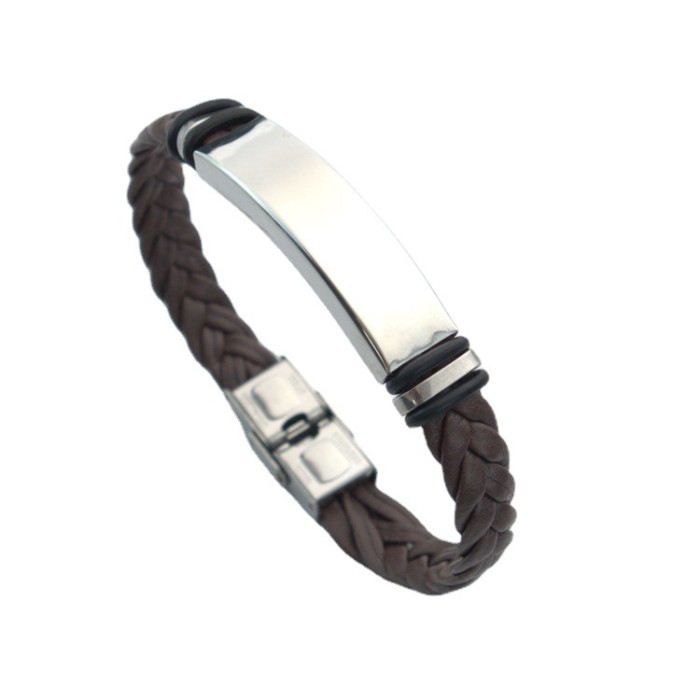 Wholesale Men's Braided Leather Stainless Steel Engravable ID Bracelet