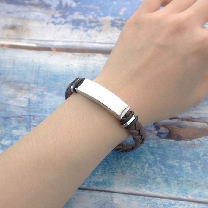 Wholesale Men's Braided Leather Stainless Steel Engravable ID Bracelet