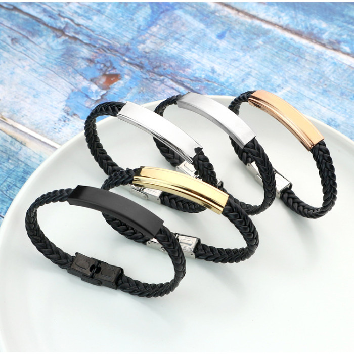 Wholesale Men's Braided Leather Stainless Steel Engravable ID Bracelet