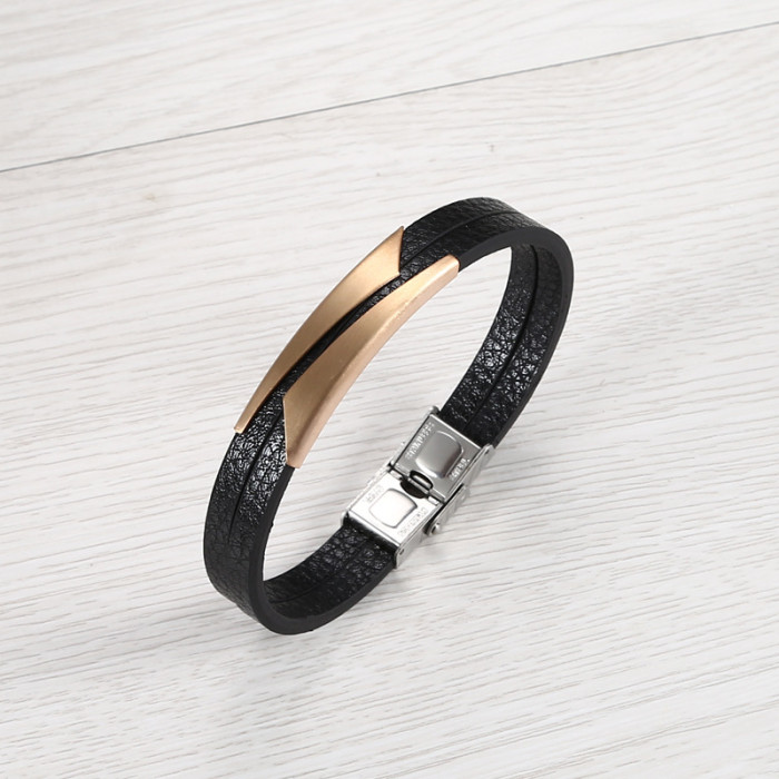 Wholesale Trendy Men's Layered Leather Stainless Steel Bar Bracelet
