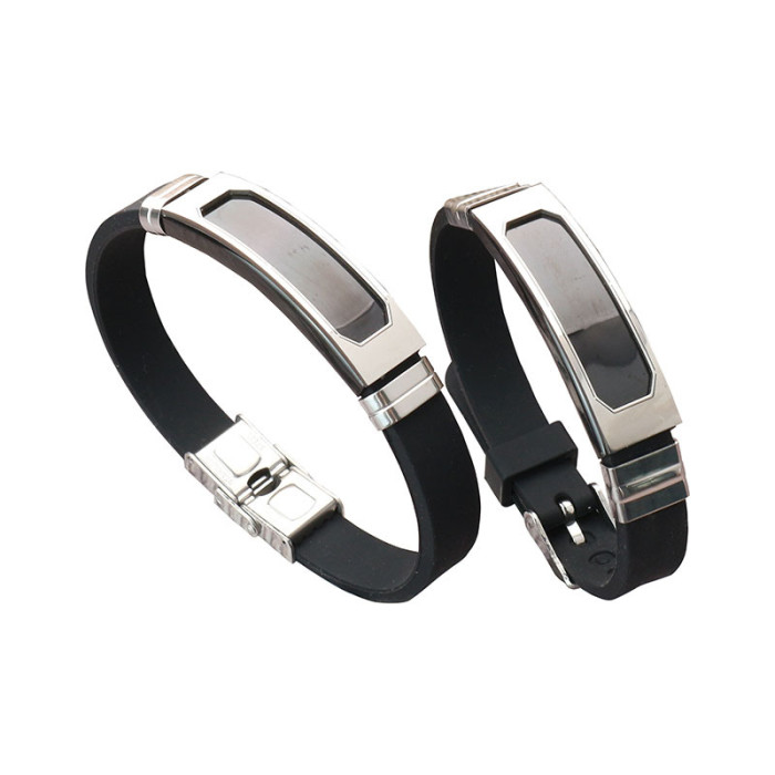 Wholesale Stainless Steel Bezel ID Tag Silicone Leather Bracelet