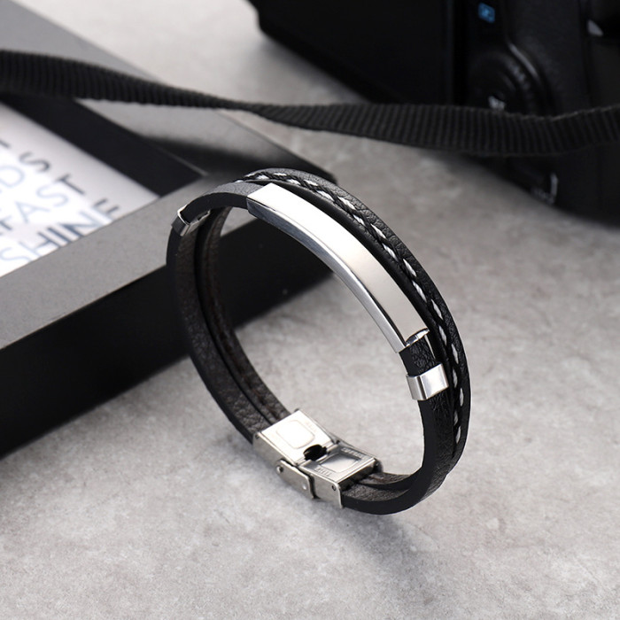 Wholesale Men's Multilayer Leather Stainless Steel Engravable ID Bracelet