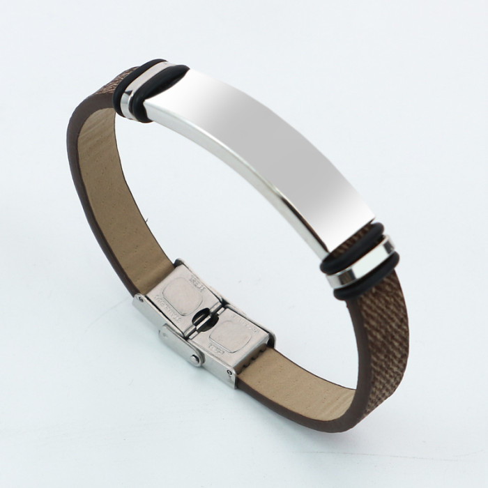 Wholesale Blue Leather Stainless Steel Engravable Blank ID Bracelet