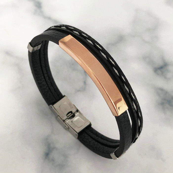 Wholesale Men's Multilayer Leather Stainless Steel Engravable ID Bracelet