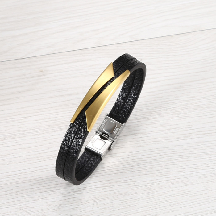 Wholesale Trendy Men's Layered Leather Stainless Steel Bar Bracelet