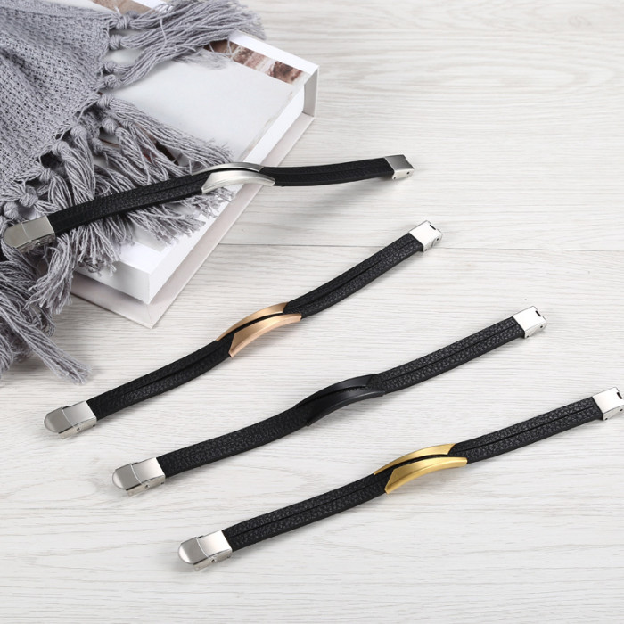 Wholesale Trendy Men's Layered Leather Stainless Steel Bar Bracelet