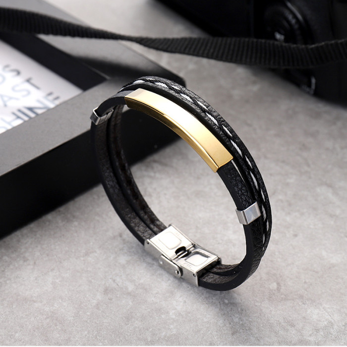 Wholesale Men's Multilayer Leather Stainless Steel Engravable ID Bracelet