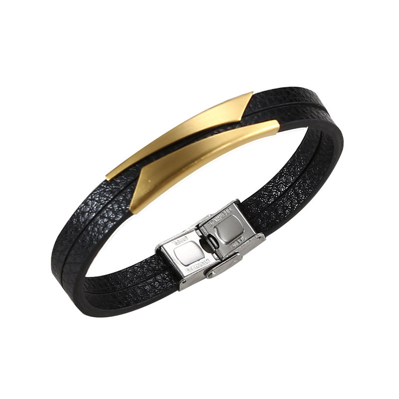 Wholesale Trendy Men's Layered Leather Stainless Steel Bar Bracelet