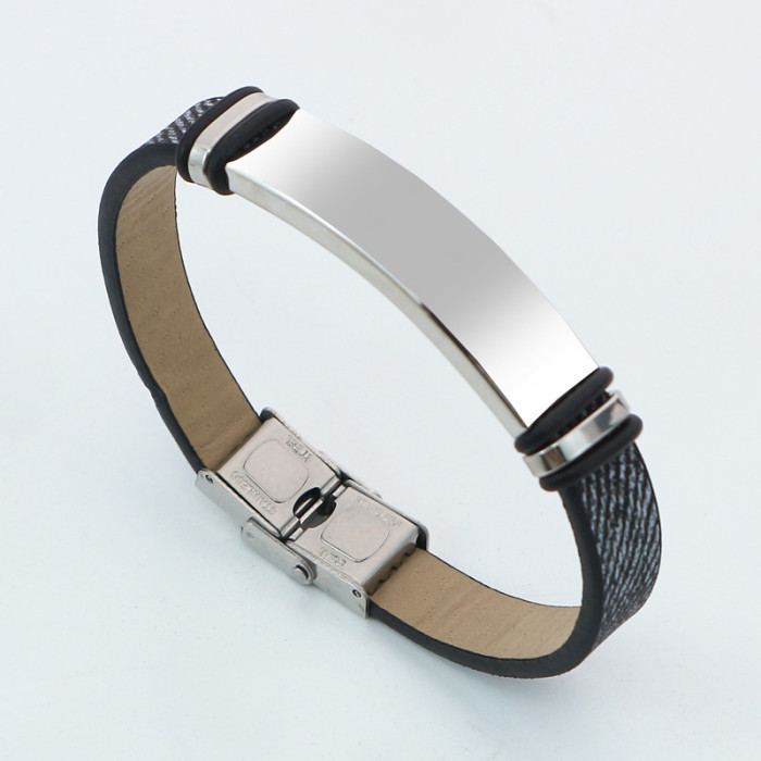 Wholesale Blue Leather Stainless Steel Engravable Blank ID Bracelet