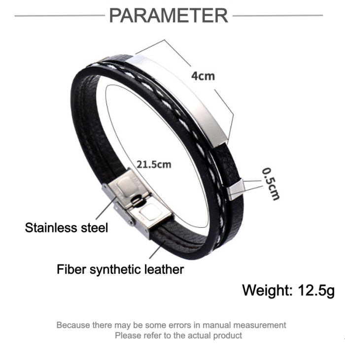 Wholesale Men's Multilayer Leather Stainless Steel Engravable ID Bracelet