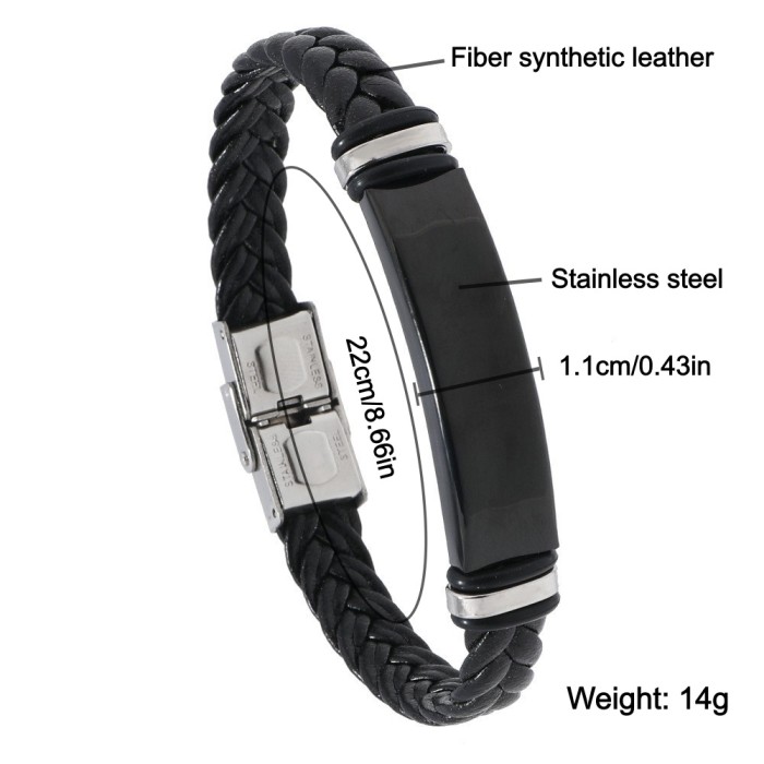 Wholesale Men's Braided Leather Stainless Steel Engravable ID Bracelet