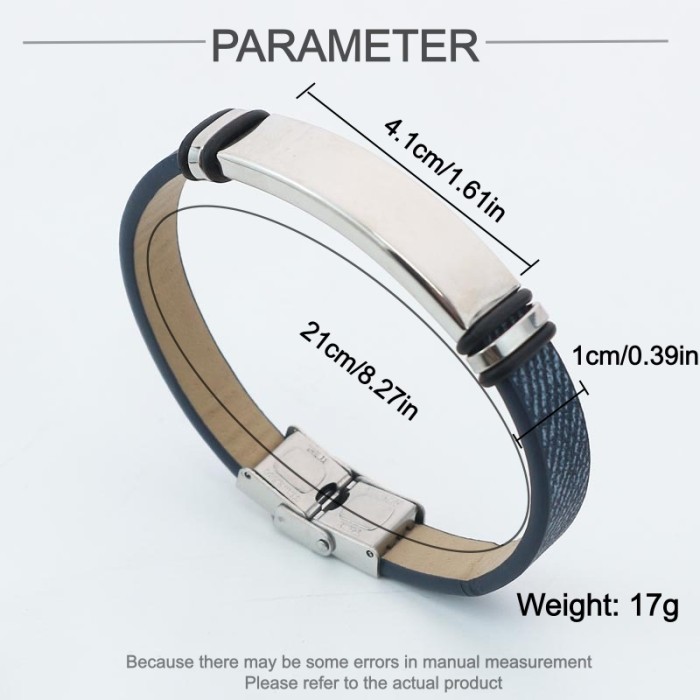 Wholesale Blue Leather Stainless Steel Engravable Blank ID Bracelet