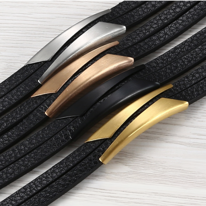 Wholesale Trendy Men's Layered Leather Stainless Steel Bar Bracelet