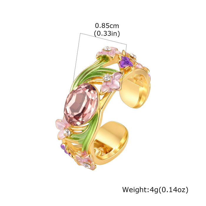 Wholesale Brass Gold Plated Enamel Floral Crystal Open Ring