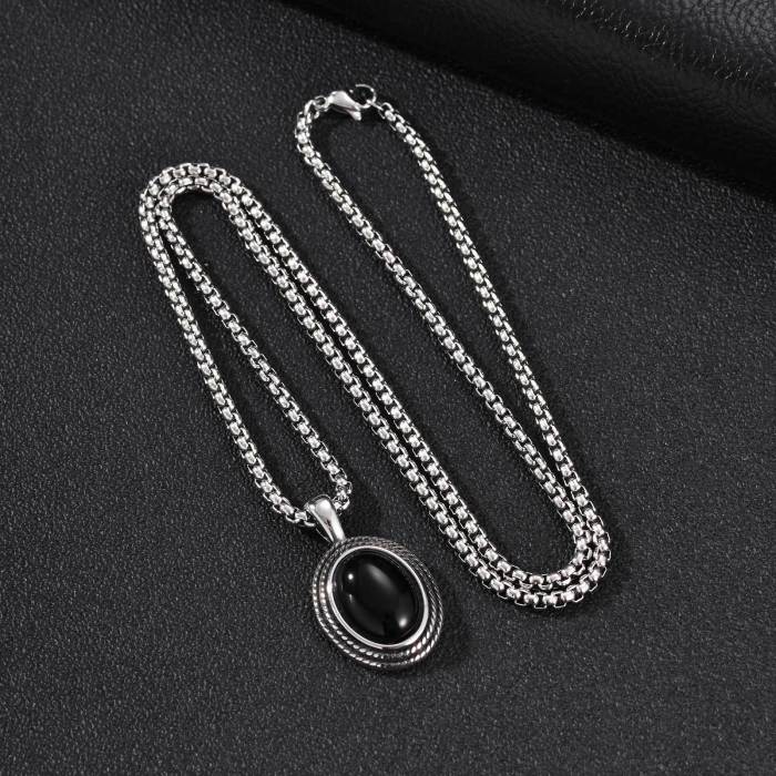 Wholesale Stainless Steel Oval Black Agate Pendant