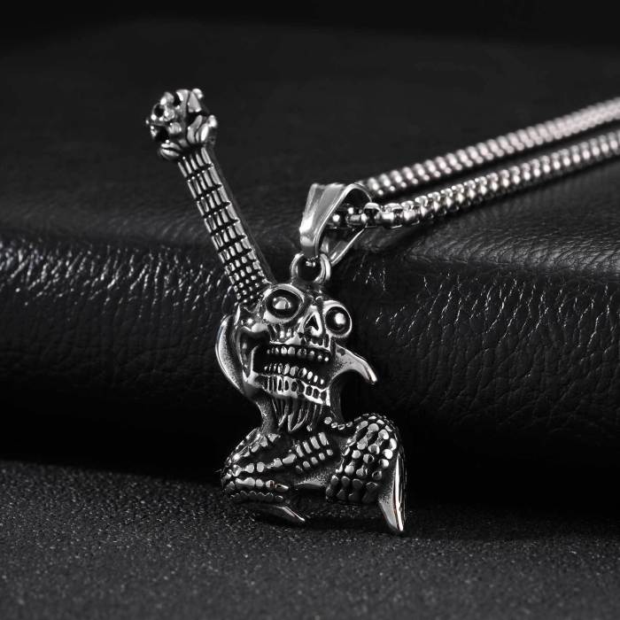 Wholesale Stainless Steel Skull Guitar Rock Pendant Necklace