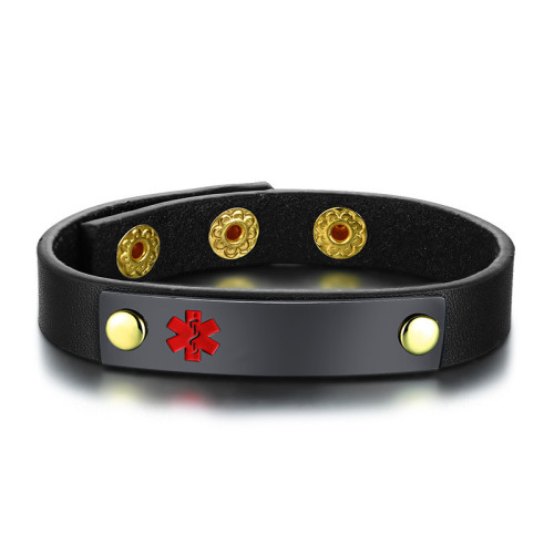 Wholesale Stainless Steel Adjustable Leather Medical ID Bracelet
