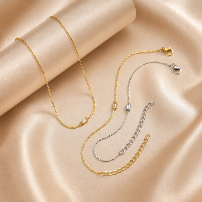 Wholesale Stainless Steel Baguette CZ Station Chain Jewelry Set