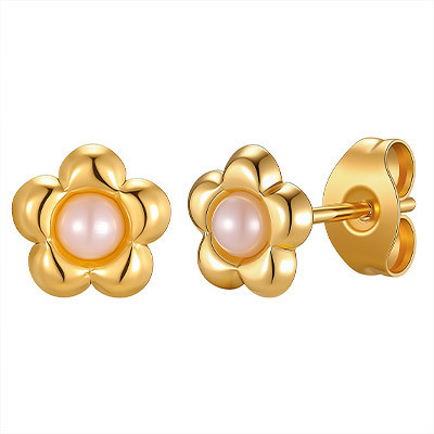 Wholesale Women's Gold Plated Puffy Flower Pearl Stud Earrings
