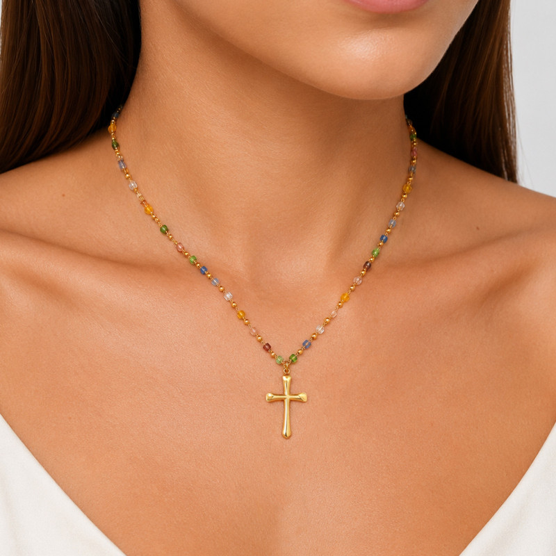 Wholesale Colorful Gemstone Bead Gold Cross Pendant Necklace