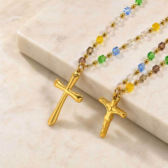 Wholesale Colorful Gemstone Bead Gold Cross Pendant Necklace