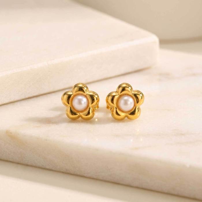 Wholesale Women's Gold Plated Puffy Flower Pearl Stud Earrings
